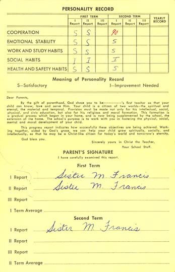 Student report card from Mother Evangelista School at St. Joseph's Village